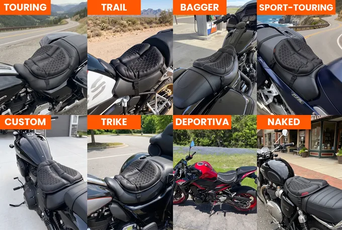 SelleZen instalada en ocho tipos de moto: touring, trail, bagger, sport-touring, custom, trike, deportiva, naked