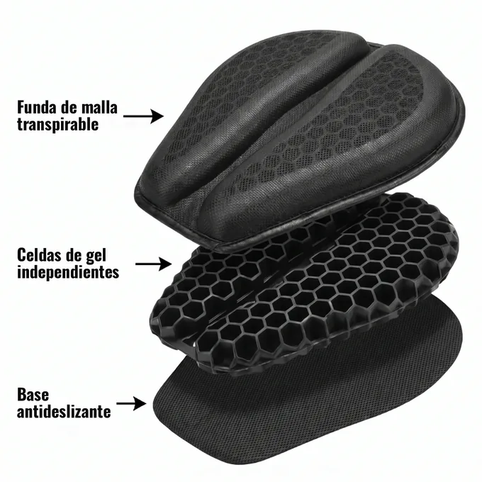 Vista despiezada: funda de malla transpirable, celdas de gel independientes, base antideslizante